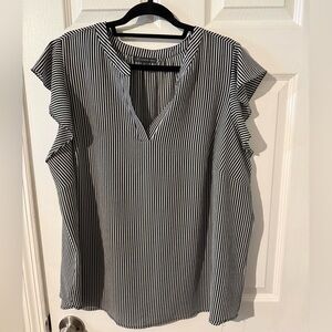 Adrianna Papell Black and White Vertical Stripe V-Neck Ruffle Sleeve Top 2X